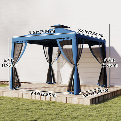 9.6' x 9.6' Patio Gazebo Outdoor Pavilion 2 Tire Roof Canopy Shelter Garden, Steel Frame w/ Mosquito Netting, Dark Blue