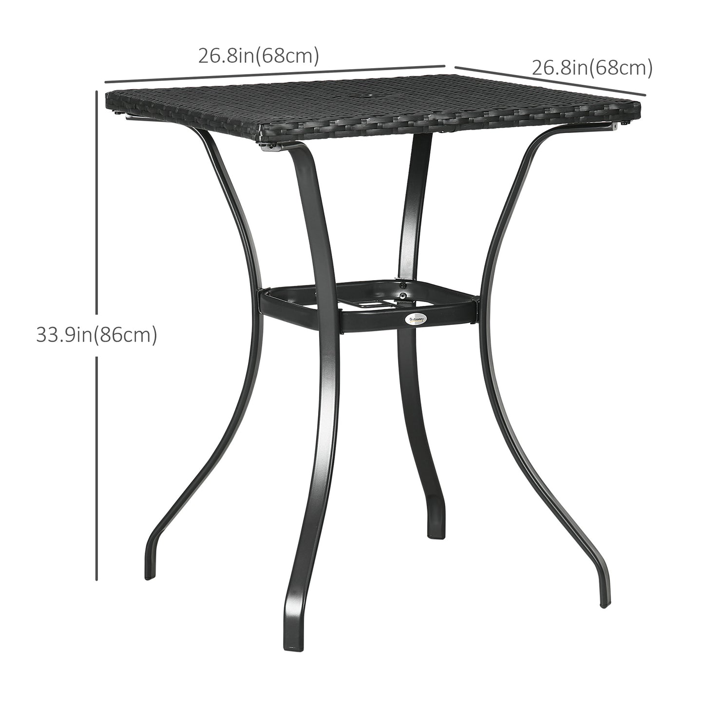 Patio Wicker Dining Table with Umbrella Hole, 34 Inch Outdoor PE Rattan Coffee Table with Plastic Board Under the Woven Table Top for Patio, Garden, Balcony, Black