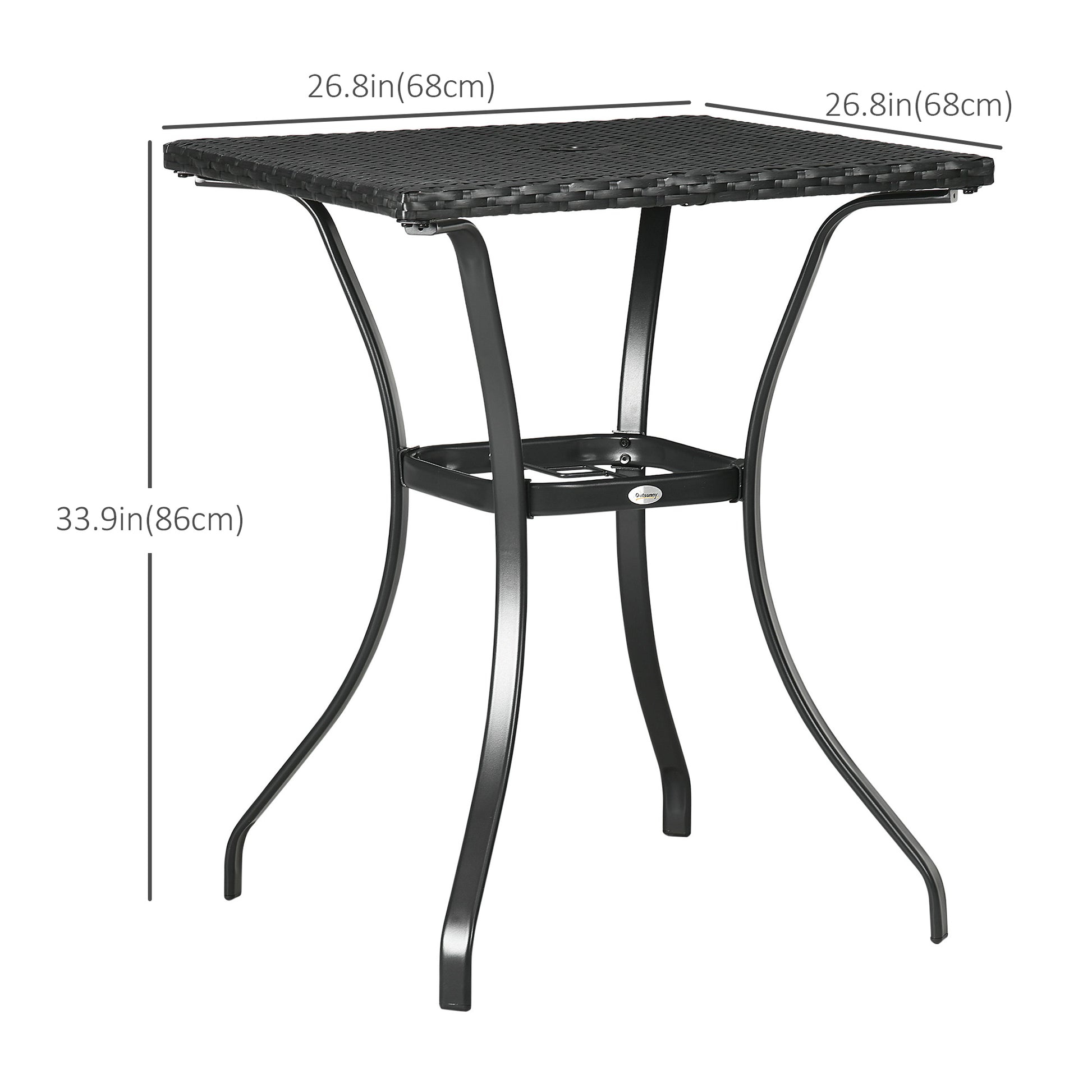 Patio Wicker Dining Table with Umbrella Hole, 34 Inch Outdoor PE Rattan Coffee Table with Plastic Board Under the Woven Table Top for Patio, Garden, Balcony, Black