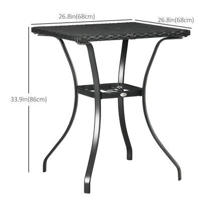 Patio Wicker Dining Table with Umbrella Hole, 34 Inch Outdoor PE Rattan Coffee Table with Plastic Board Under the Woven Table Top for Patio, Garden, Balcony, Black
