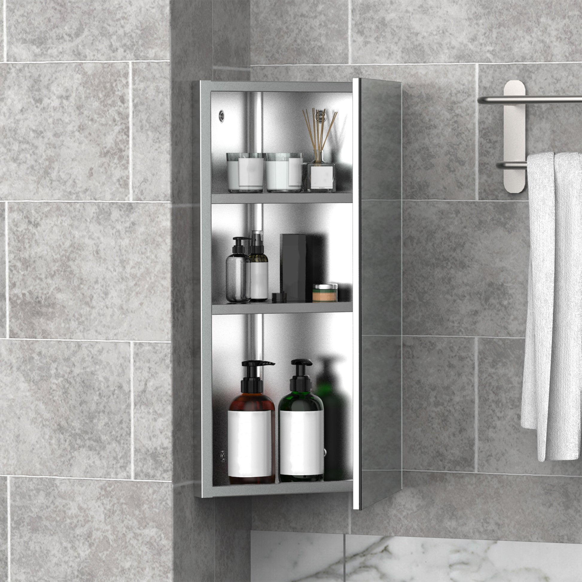 Wall mounted Bathroom Corner Mirror Storage Cabinet Stainless Steel with Single Door