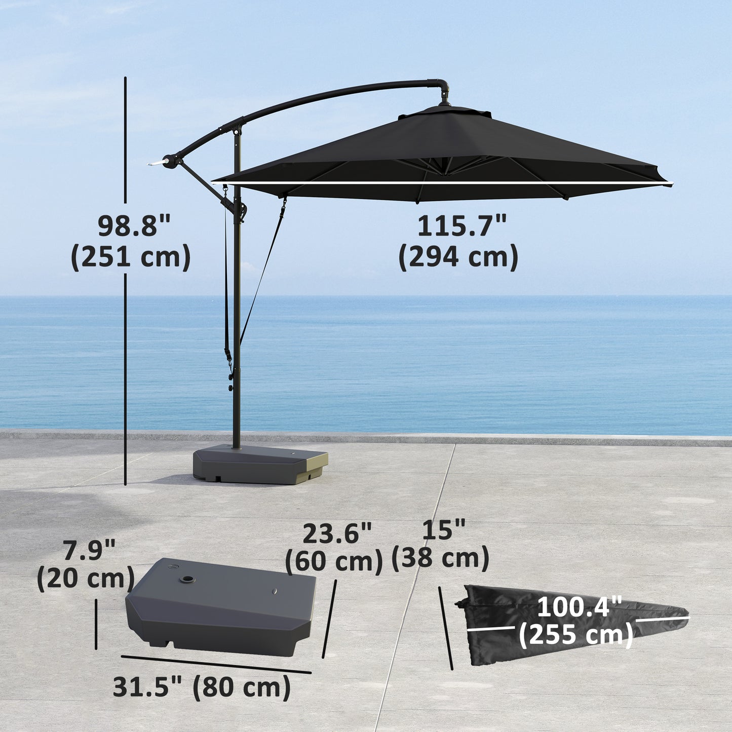 10FT Cantilever Umbrella with Fillable Base, Wind Strap and Cover, Offset Hanging Umbrella with Crank, UPF50+, Grey