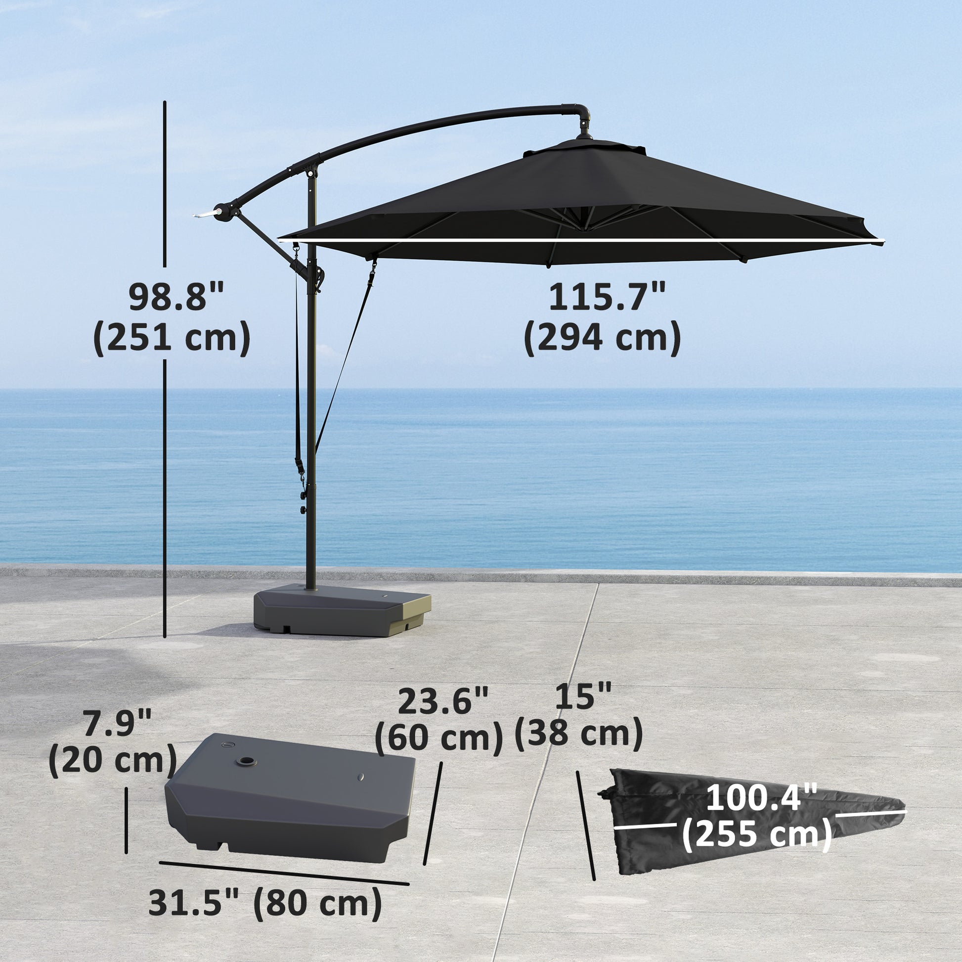 10FT Cantilever Umbrella with Fillable Base, Wind Strap and Cover, Offset Hanging Umbrella with Crank, UPF50+, Grey