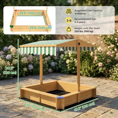 Wooden Sandbox with Cover, Kids Sandbox Outdoor with Adjustable Canopy and Seats for Backyard, Beach, Light Brown