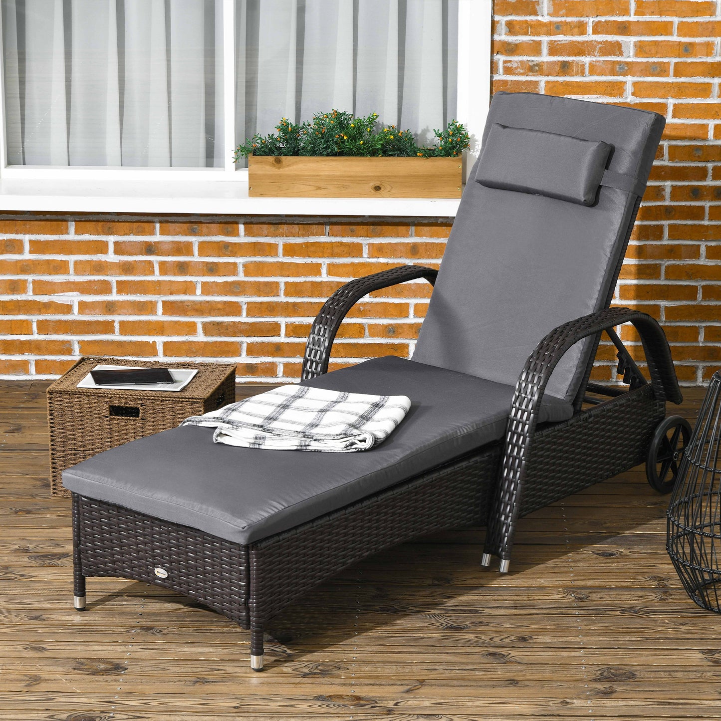 Outdoor Lounger, Deck Lounge Chair with Headrest, 5-Level Adjustable, Backrest, Wheels, Deep Coffee and Med Grey