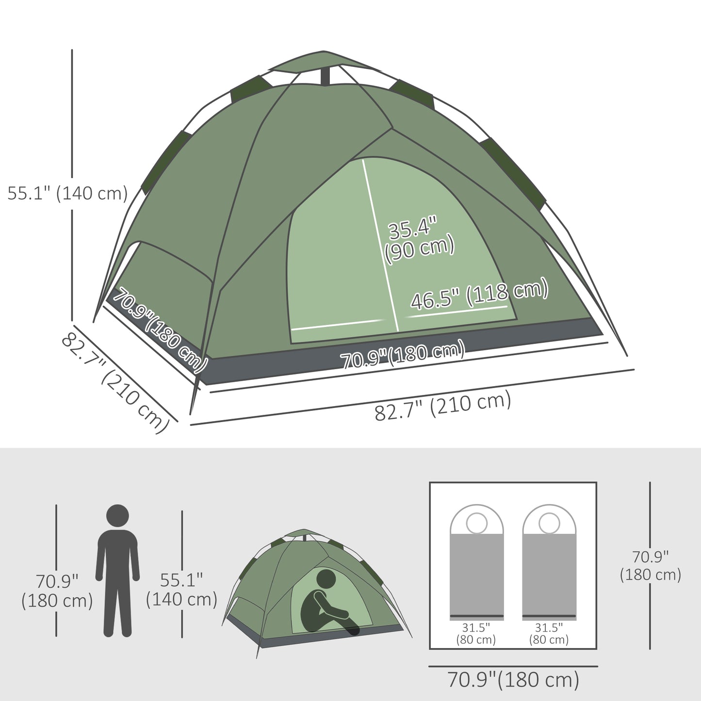 Camping Tent, 3 Person Family Tent, 1000mm Waterproof, with Sewn-in Groundsheet and Carry Bag, for Fishing, Dark Green