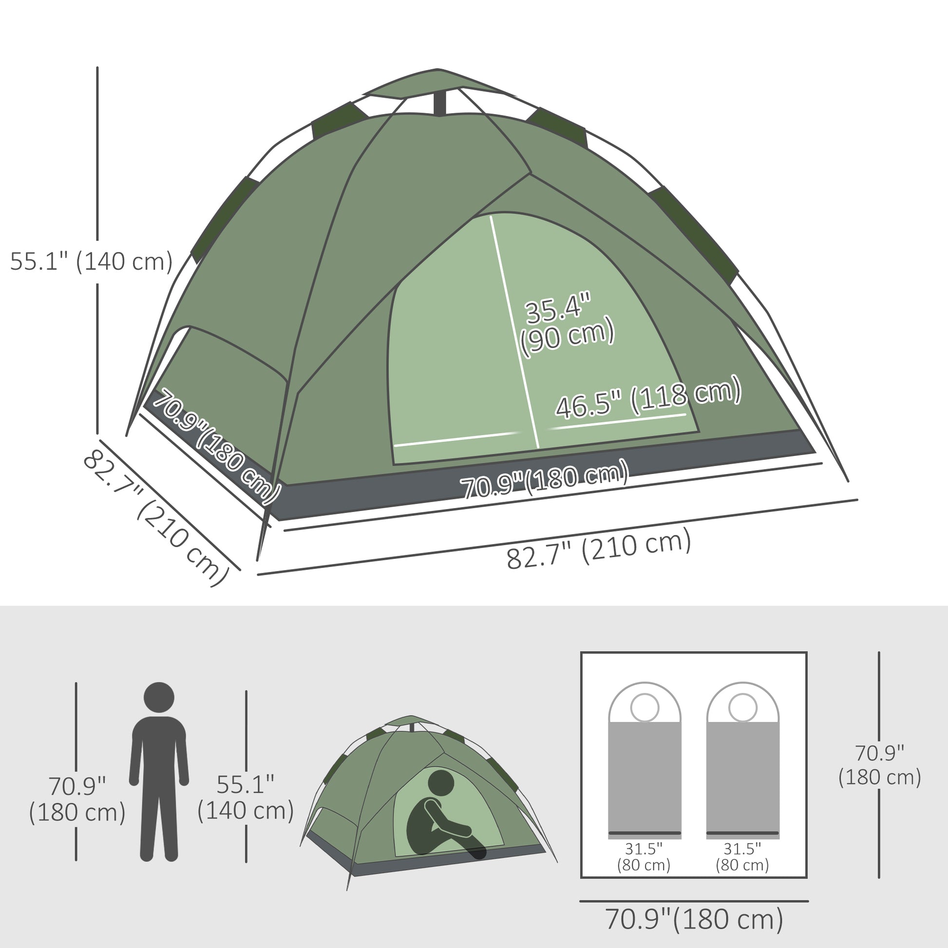 Camping Tent, 3 Person Family Tent, 1000mm Waterproof, with Sewn-in Groundsheet and Carry Bag, for Fishing, Dark Green