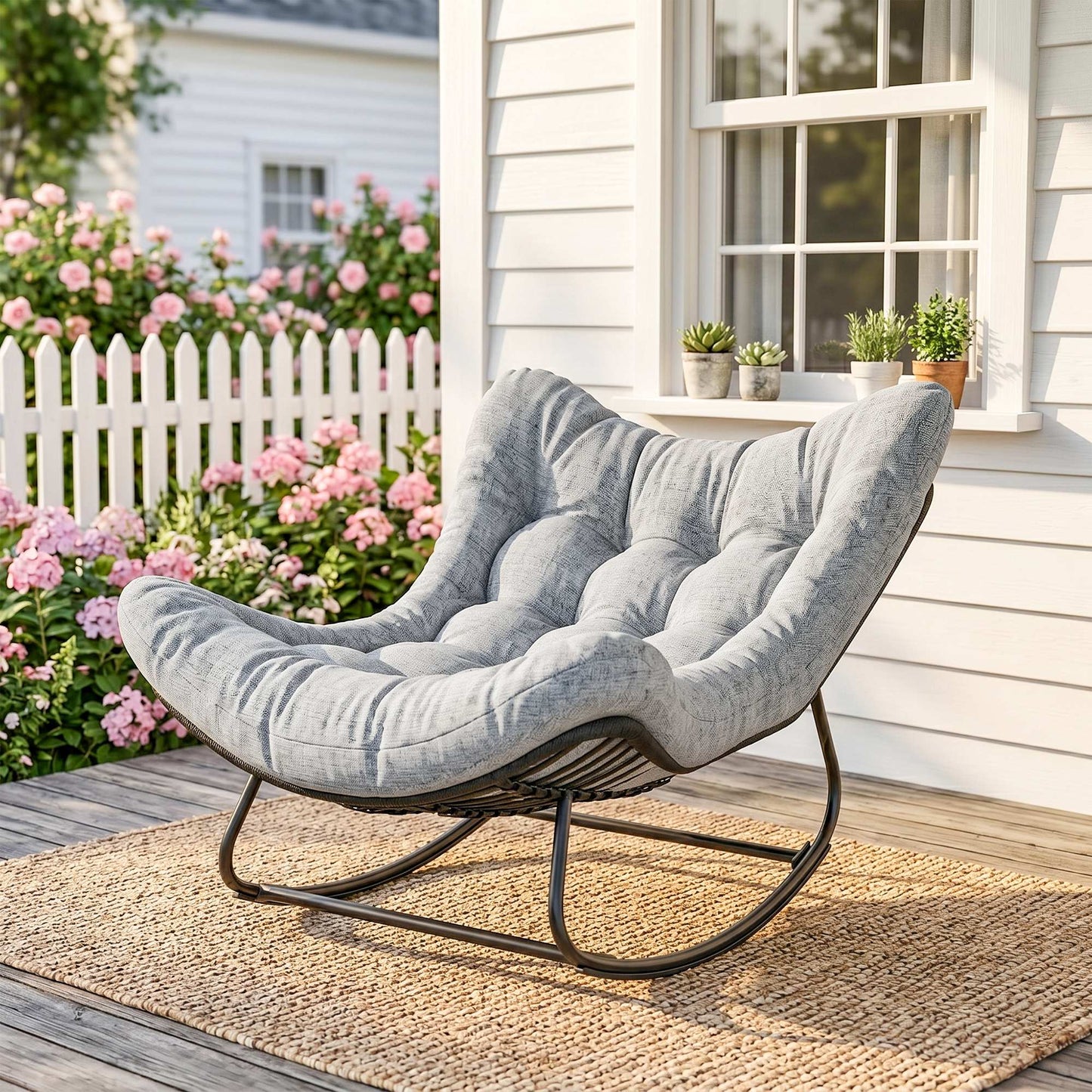 Oversized Rattan Patio Egg Chair, Outdoor Rocking Chair with Padded Cushion for Indoor, Porch, Grey