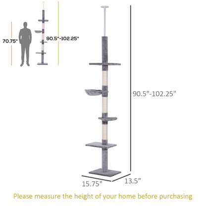 8.5ft Cat Climbing Tree 5-Tier Cat Activity Center Floor-to-Ceiling Cat Climber Toy with Scratching Post Play Rest Post Pet Furniture Grey