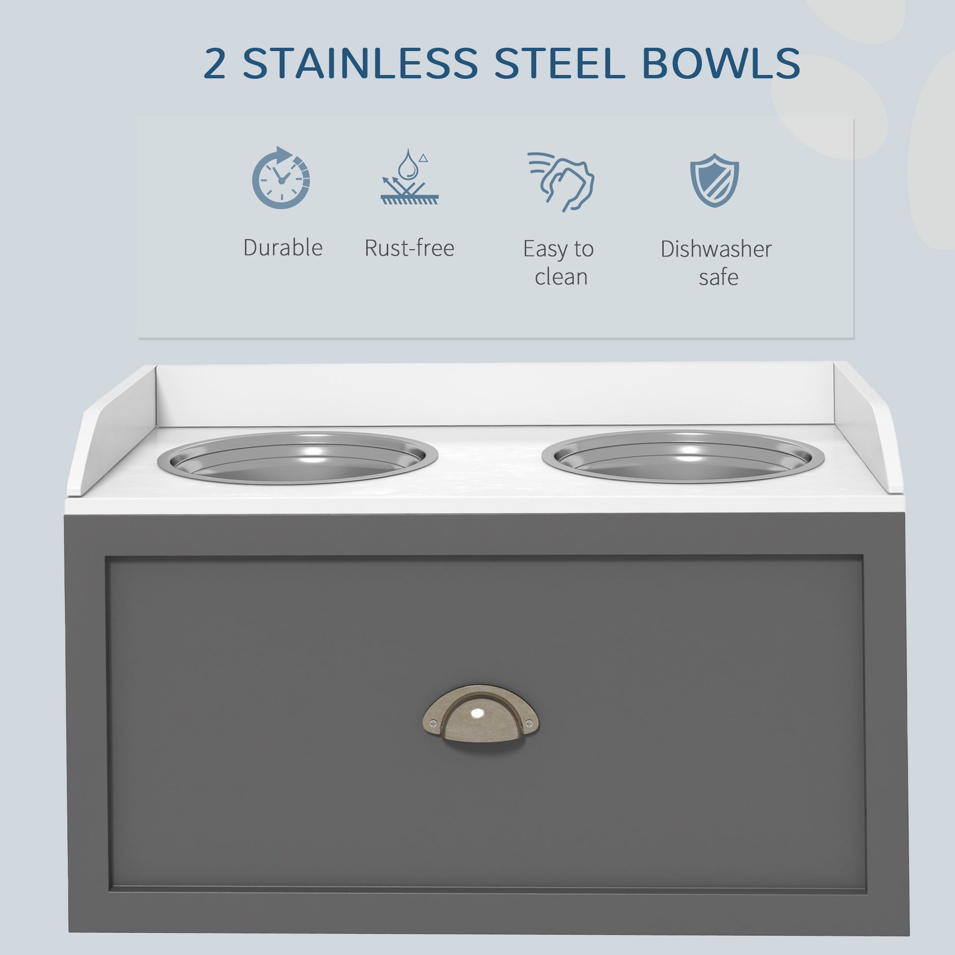 Elevated Dog Bowls Raised Pet Feeding Station with Storage 2 Stainless Steel Bowls, 23.6"x11.8" x14.2", Grey