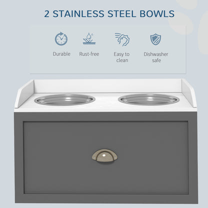 Elevated Dog Bowls Raised Pet Feeding Station with Storage 2 Stainless Steel Bowls, 23.6"x11.8" x14.2", Grey