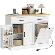 7 Gallon Tilt Out Garbage Cabinet, Kitchen Island with Charging Station, 2 Drawers, 4 Door Racks, White