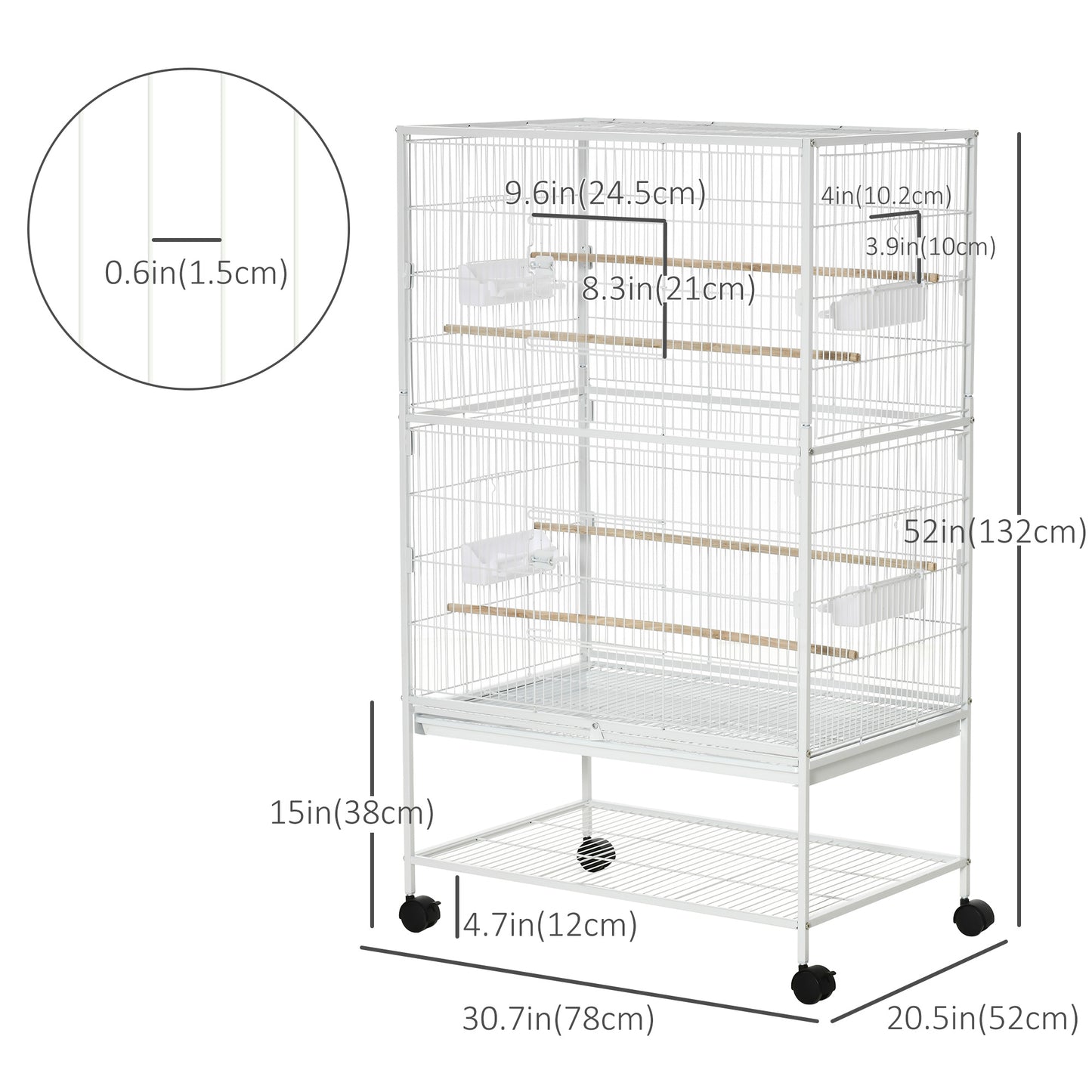 52'' Large Rolling Steel Bird Cage Bird House with Rolling Stand, Storage Shelf, Wood Perch, Food Container, White