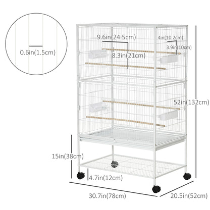 52'' Large Rolling Steel Bird Cage Bird House with Rolling Stand, Storage Shelf, Wood Perch, Food Container, White