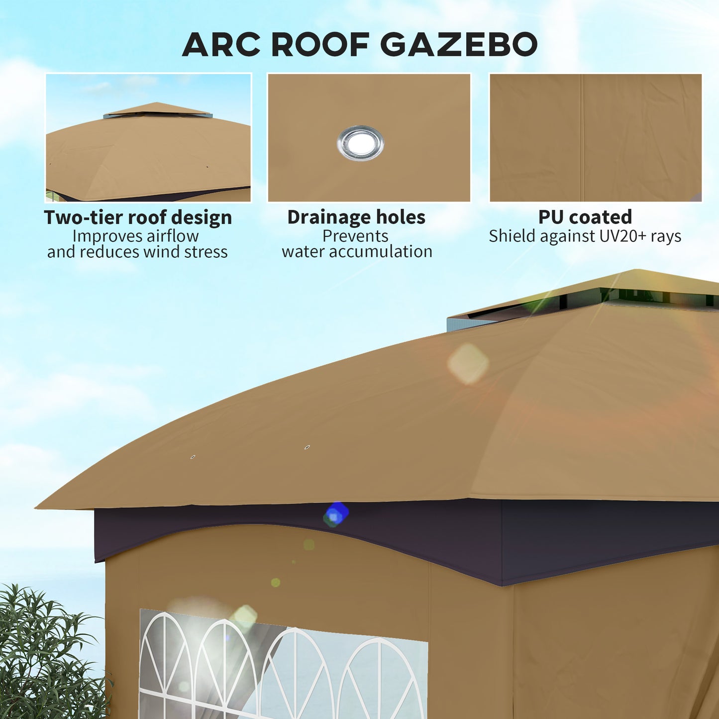11' x 11' Outdoor Gazebo, Double Roof Patio Gazebo Canopy with Curtains, Church Windows, Galvanised Steel Frame, Beige