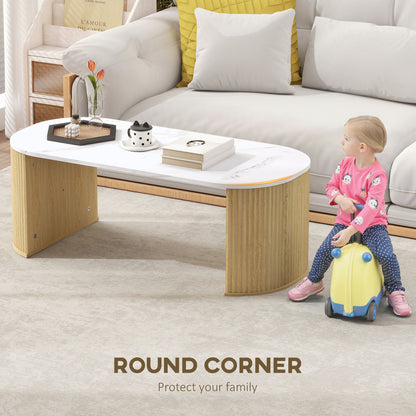 Coffee Table, Modern Marble-Effect Living Room Table with Round Corners and Thicken Legs, Natural Wood