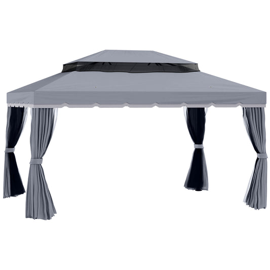 13' x 10' Patio Gazebo, Double Roof Outdoor Gazebo Canopy Shelter with Netting & Curtains, Strong Aluminum Frame, Dark Grey