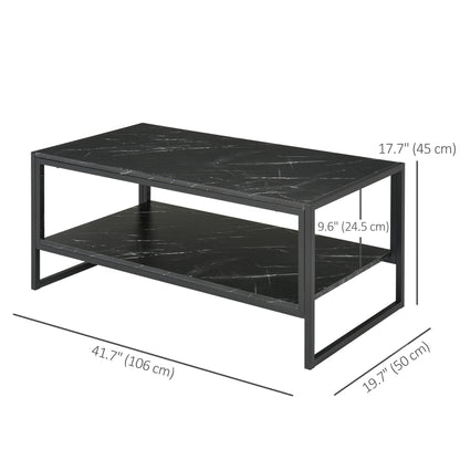 2-Tier Coffee Table with Storage Shelf, Cocktail Table with Marble Textured Table Top, for Living Room Bedroom Dorm, Black