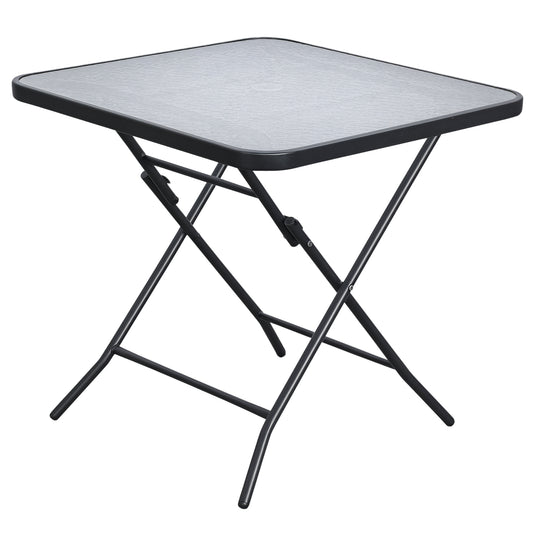 30" Square Outdoor Dining Table, Foldable Patio Table with Umbrella Hole, Water-Grain Glass Top Coffee Table for Balcony, Poolside, Black