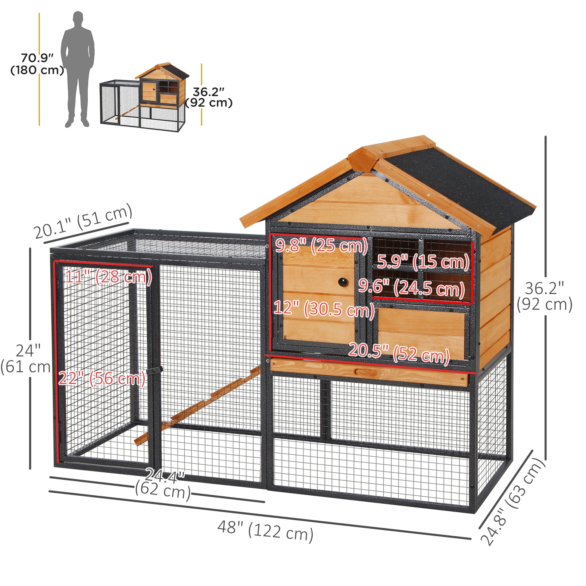 Rabbit Hutch Outdoor, 48"L Large Wooden Bunny Cage with Run, Bite-Resistant Metal Frame, Removable Plastic Tray, Asphalt Roof, Ramp, Guinea Pig Cage for 1-2 Rabbits, Yellow