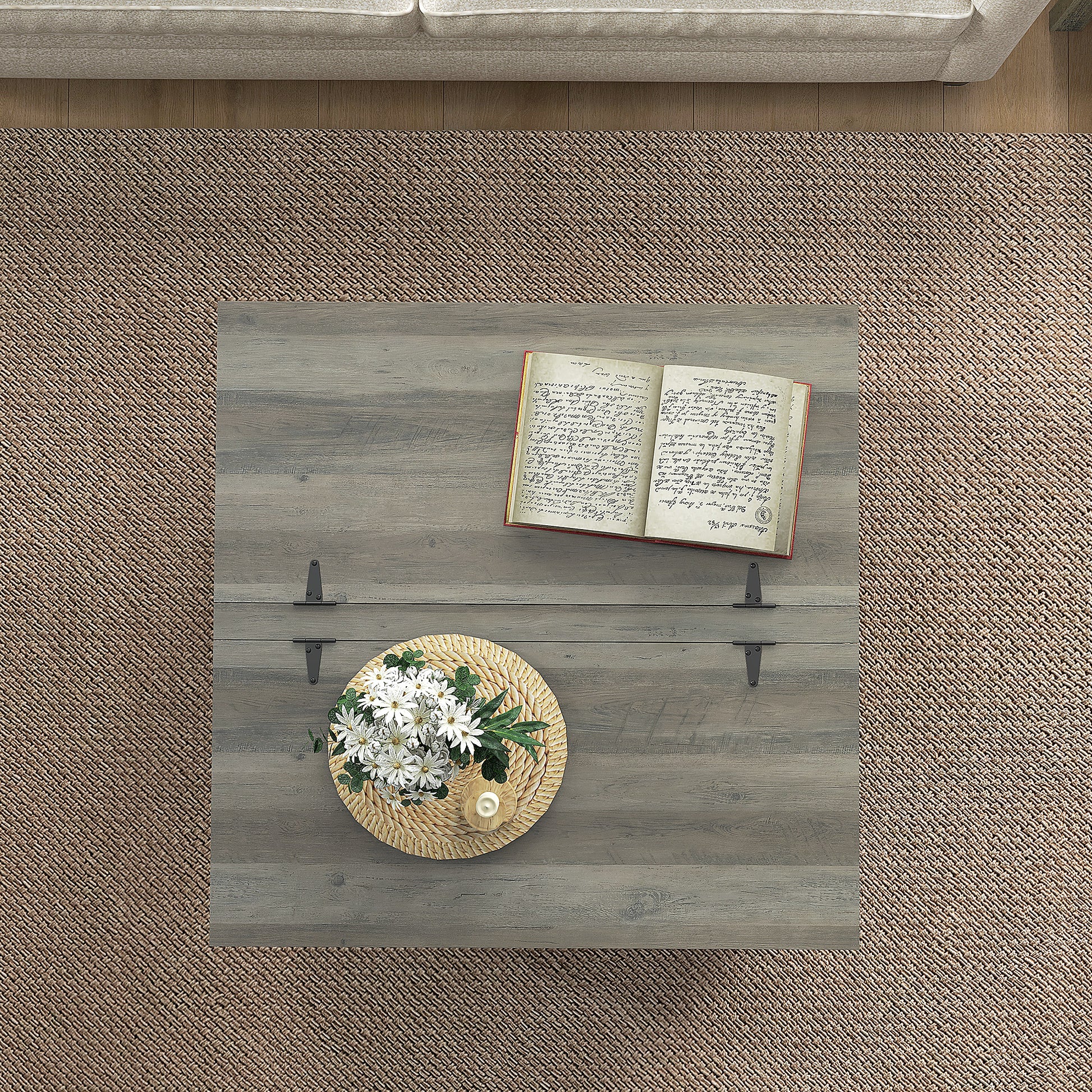 Farmhouse Coffee Table, Square Center Table with Flip-top Lids, Hidden Storage Compartment and Wooden Legs, Distressed Grey