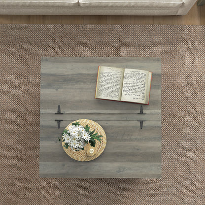 Farmhouse Coffee Table, Square Center Table with Flip-top Lids, Hidden Storage Compartment and Wooden Legs, Distressed Grey