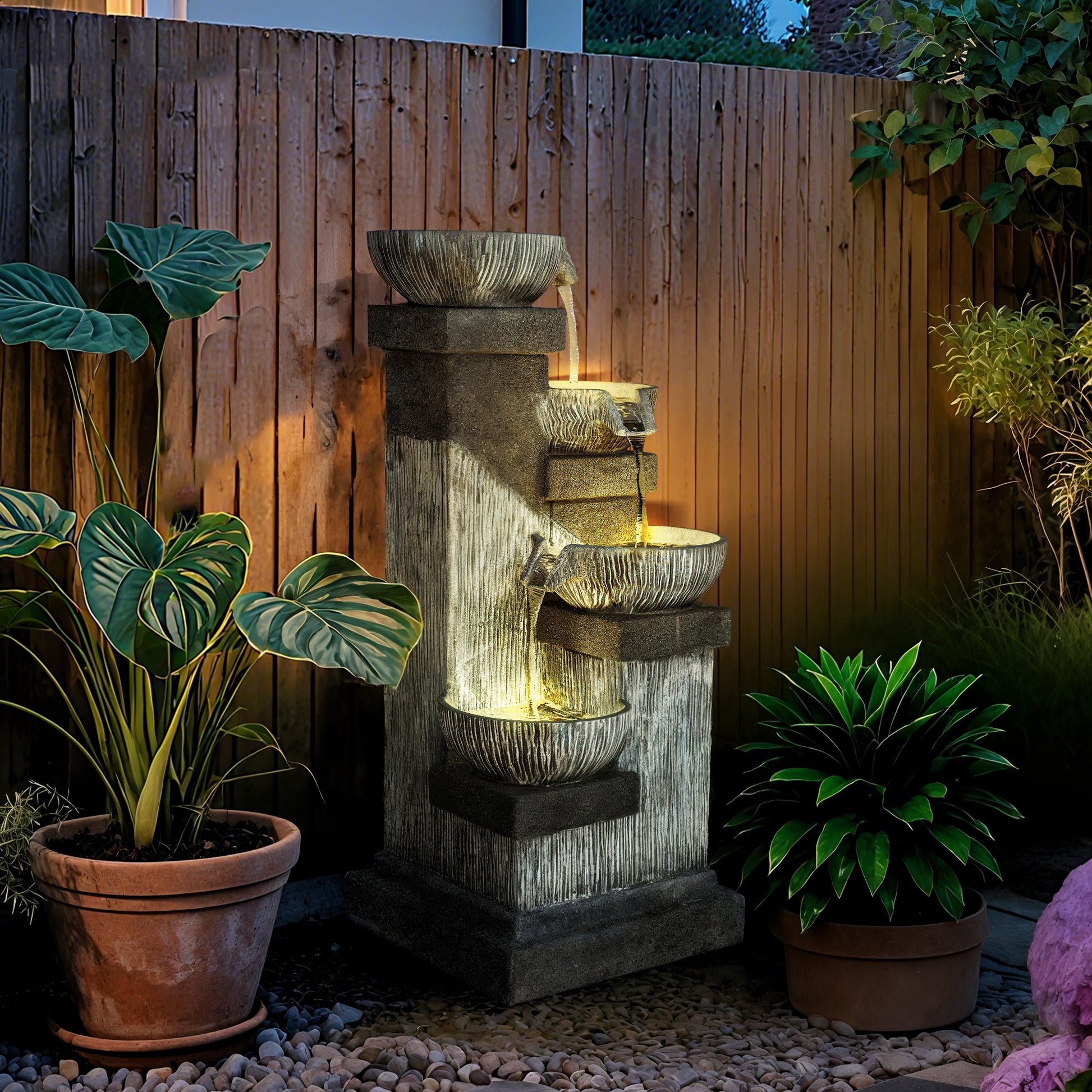 33.5" Water Fountain, 4-Tier Resin Cascading Bowls Outdoor Waterfall Fountain with LED Lights, Pump