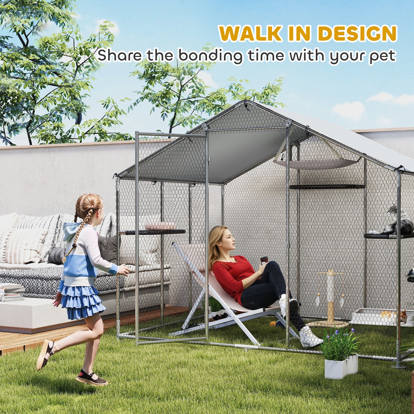 Large Catio Outdoor Cat Enclosure with Waterproof Cover, Walk-in Cat Patio w/ 5 Adjustable Platforms & Hammock 94.5" L