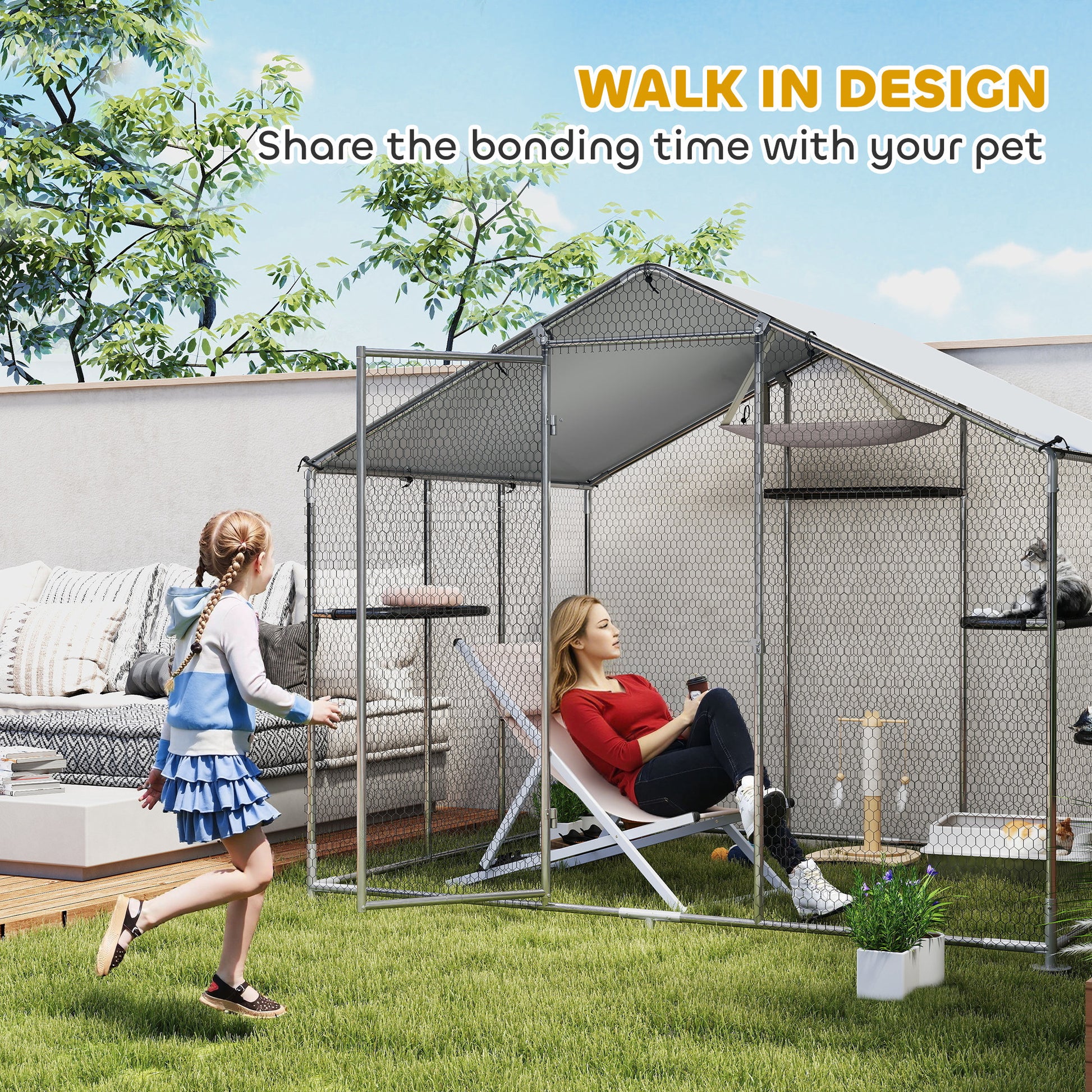 Large Catio Outdoor Cat Enclosure with Waterproof Cover, Walk-in Cat Patio w/ 5 Adjustable Platforms & Hammock 94.5" L