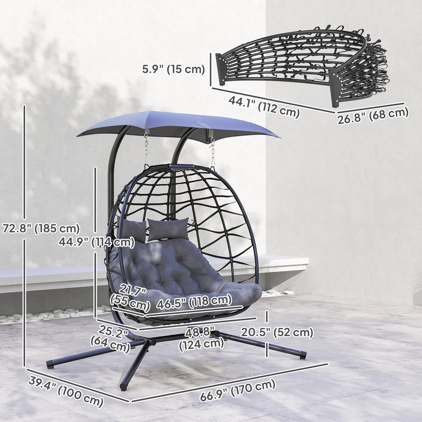 Double Wicker Egg Swing Chair with Canopy, Foldable Hanging Egg Chair with Stand Cushion Headrest, Black