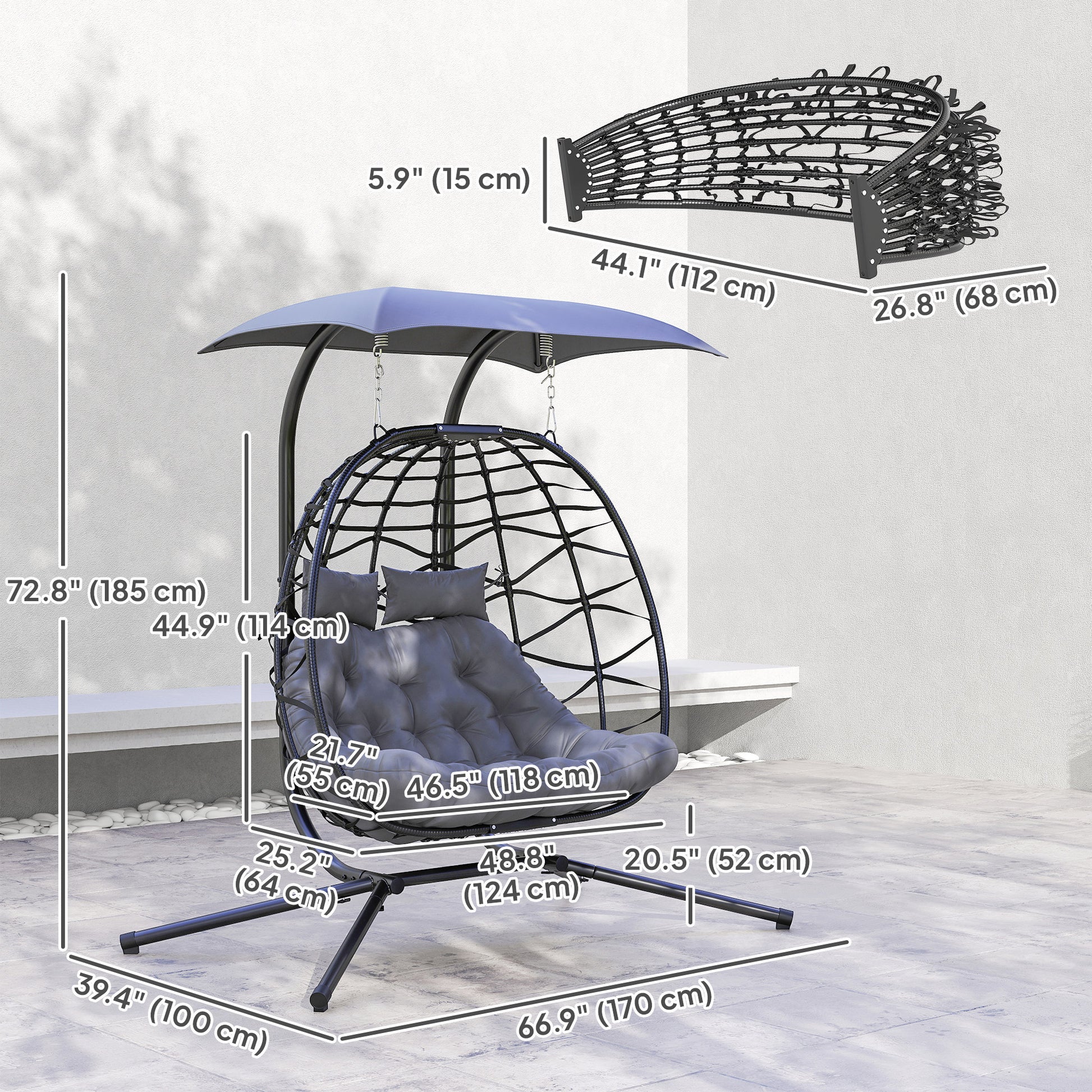 Double Wicker Egg Swing Chair with Canopy, Foldable Hanging Egg Chair with Stand Cushion Headrest, Black
