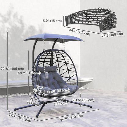 Double Wicker Egg Swing Chair with Canopy, Foldable Hanging Egg Chair with Stand Cushion Headrest, Black