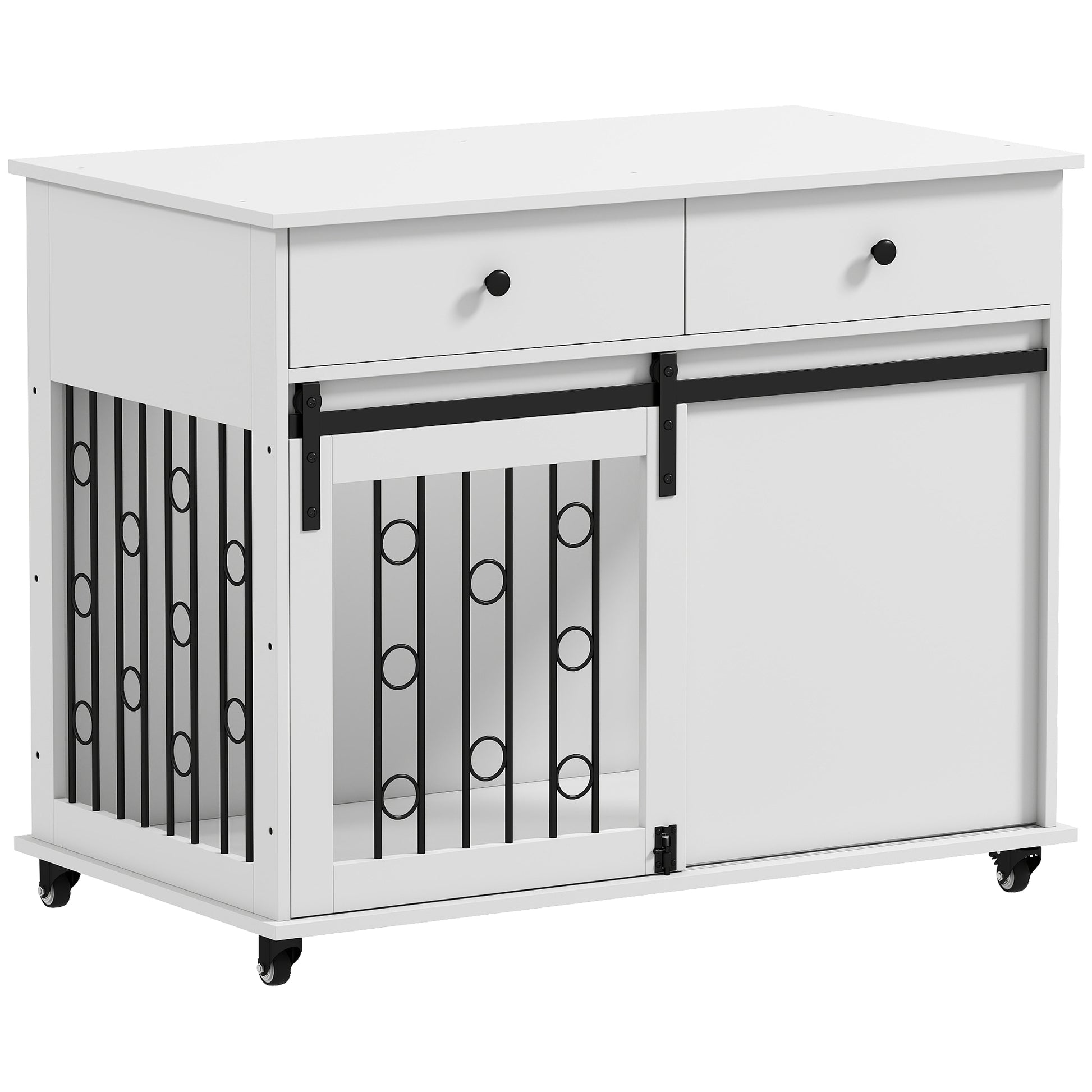 39" Dog Crate Furniture, Dog Kennel Indoor with 2 Drawers, Wheels, Sliding Door, Dog Cage for Medium Large Dogs, Oak