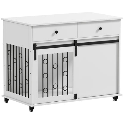 39" Dog Crate Furniture, Dog Kennel Indoor with 2 Drawers, Wheels, Sliding Door, Dog Cage for Medium Large Dogs, Oak