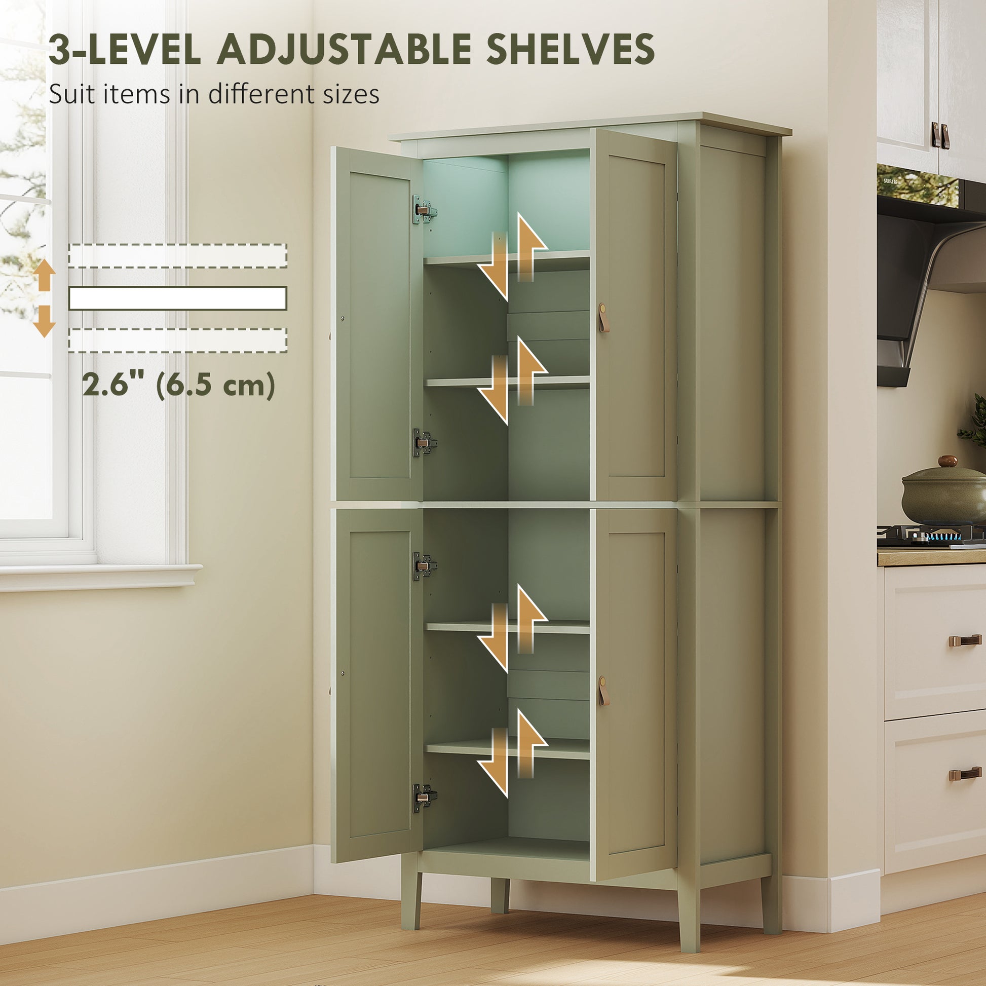 69.5" Tall Kitchen Pantry Storage Cabinet with Motion Sensor LED Light, Modern Kitchen Pantry Cabinet, Green