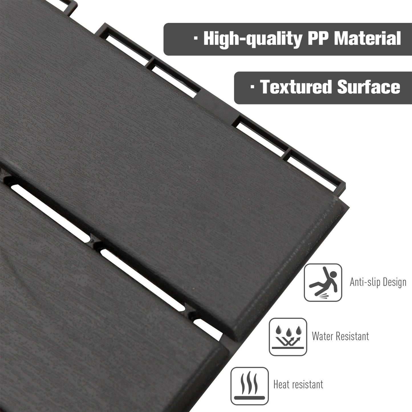 9 Pcs PP Interlocking Composite Deck Tile, 12" x 12" Outdoor Flooring Tiles for Indoor and Outdoor Use, Tools Free Assembly, Black