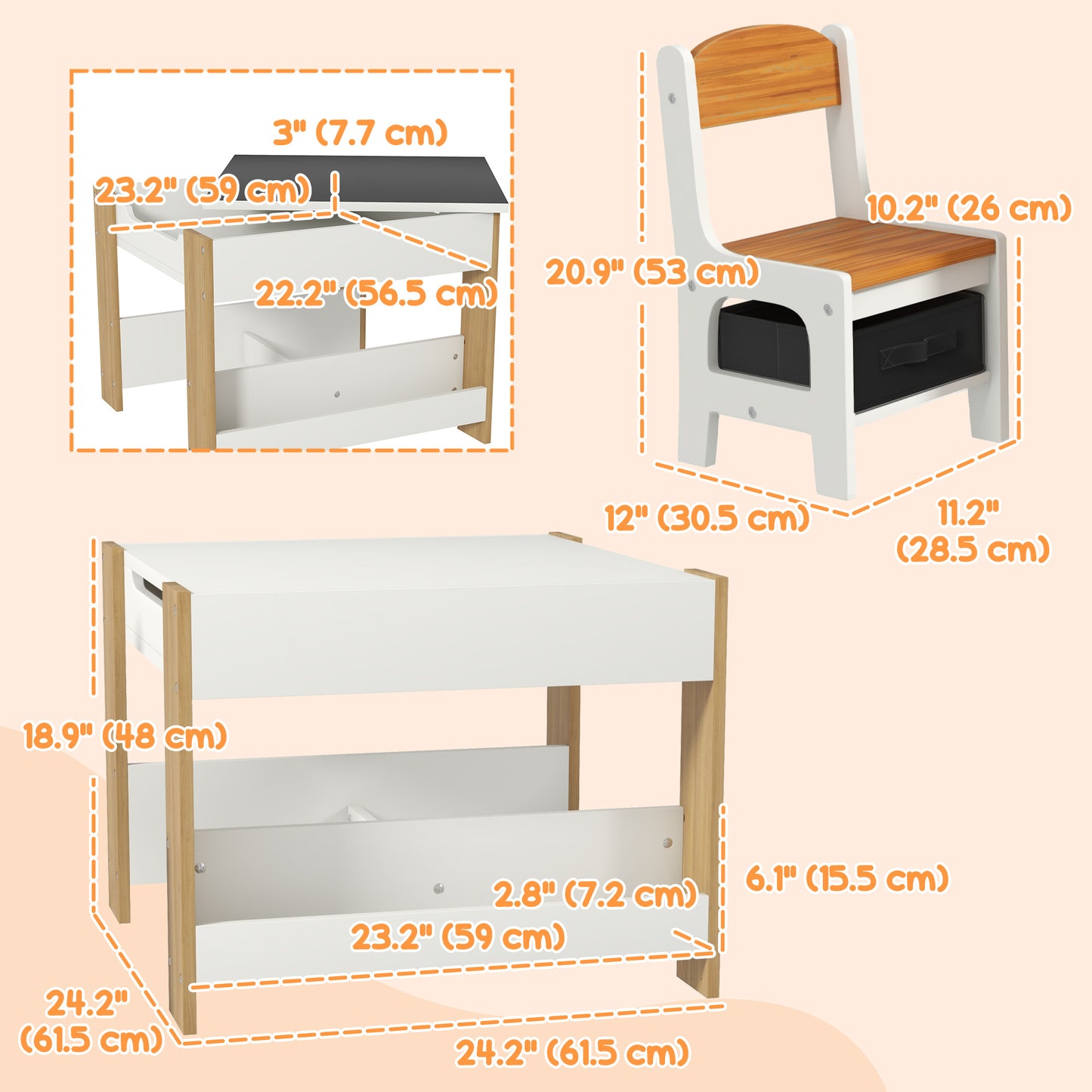 Qaba 3 Piece Kids Table and Chair Set with Reversible Tabletop, Blackboard, Storage, Bookshelf, for Playroom, Nursery Natural
