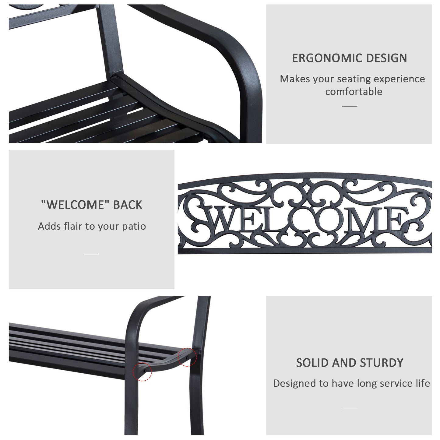 50" 2-Seater Garden Bench, Patio Decorative Chair Metal Backyard Loveseat Outdoor Furniture for Yard, Lawn, Porch, Black