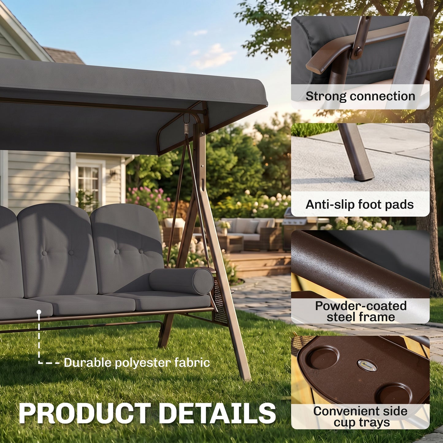 Outdoor Patio 3-Person Steel Canopy Cushioned Seat Bench Swing with Included Side Trays & Padded Comfort, Dark Grey