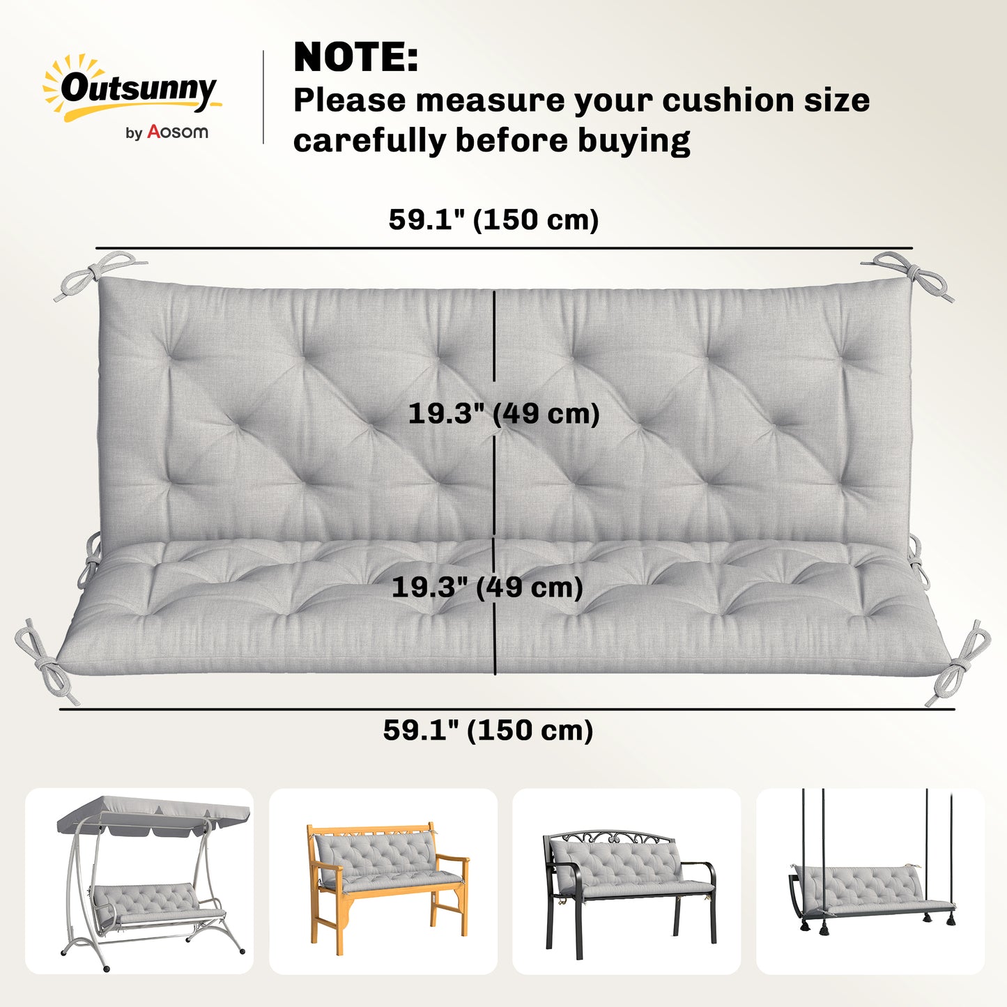 3-Seater Outdoor Bench Swing Chair Replacement Cushions for Patio Garden, Light Grey