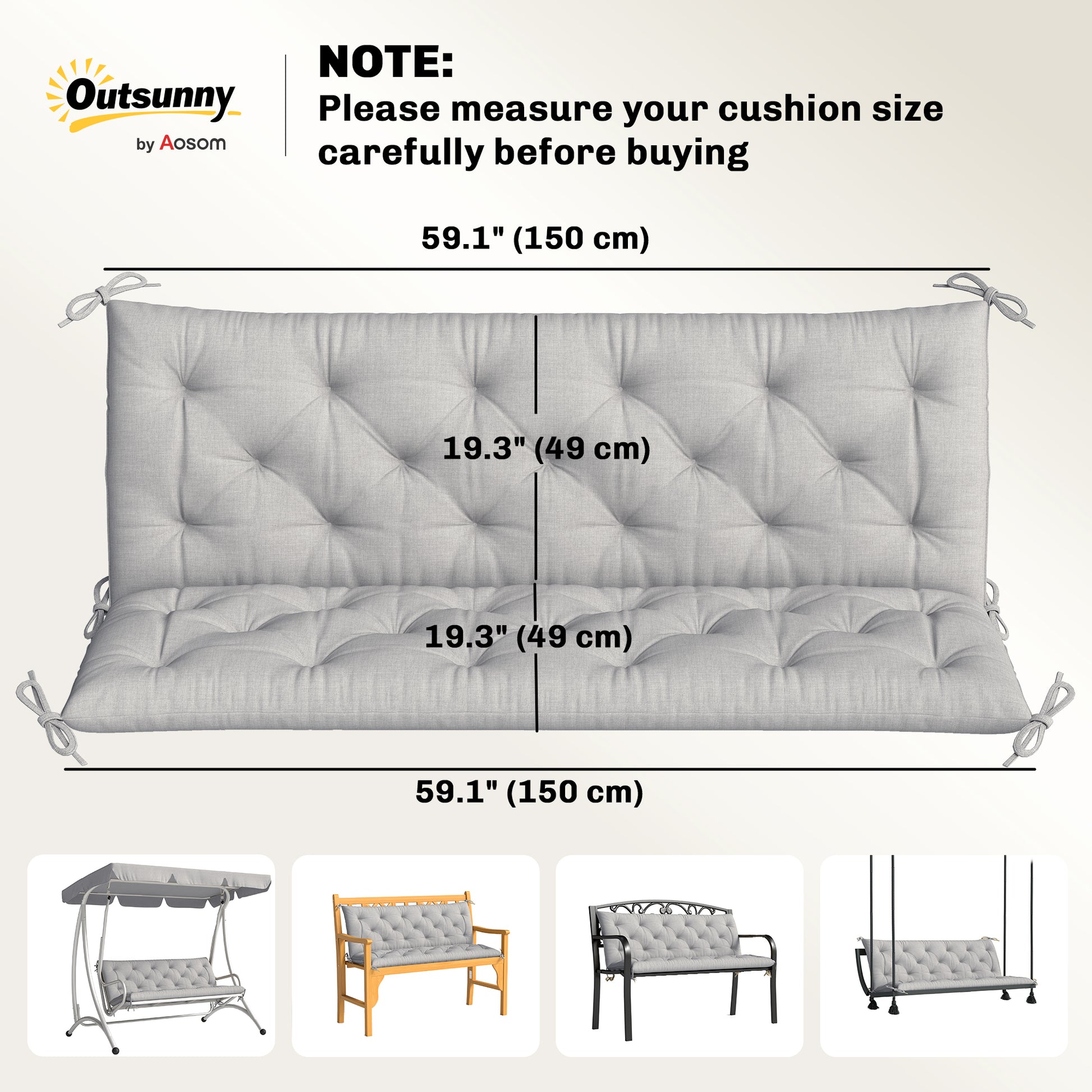 3-Seater Outdoor Bench Swing Chair Replacement Cushions for Patio Garden, Light Grey