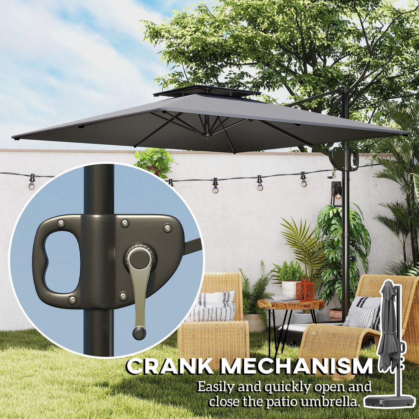 Square Cantilever Patio Umbrella, Double Top Patio Hanging Offset Umbrella with Crank & Tilt, 8' x 9', Dark Grey
