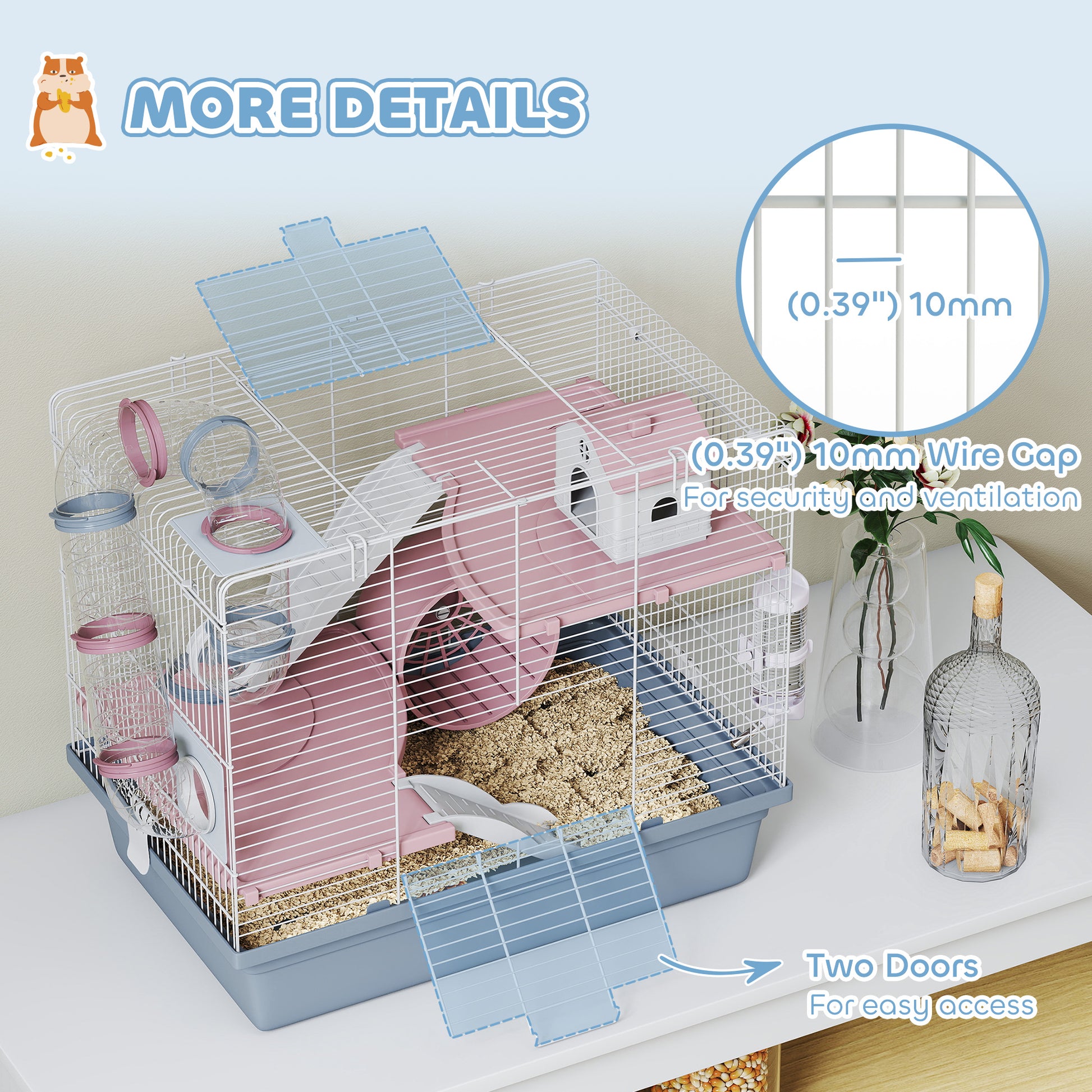 Hamster Cage, 3-Tier Small Animal Cage with Excerise Wheel, Food Bowl, Water Bottle, House, Tunnels, Ramps
