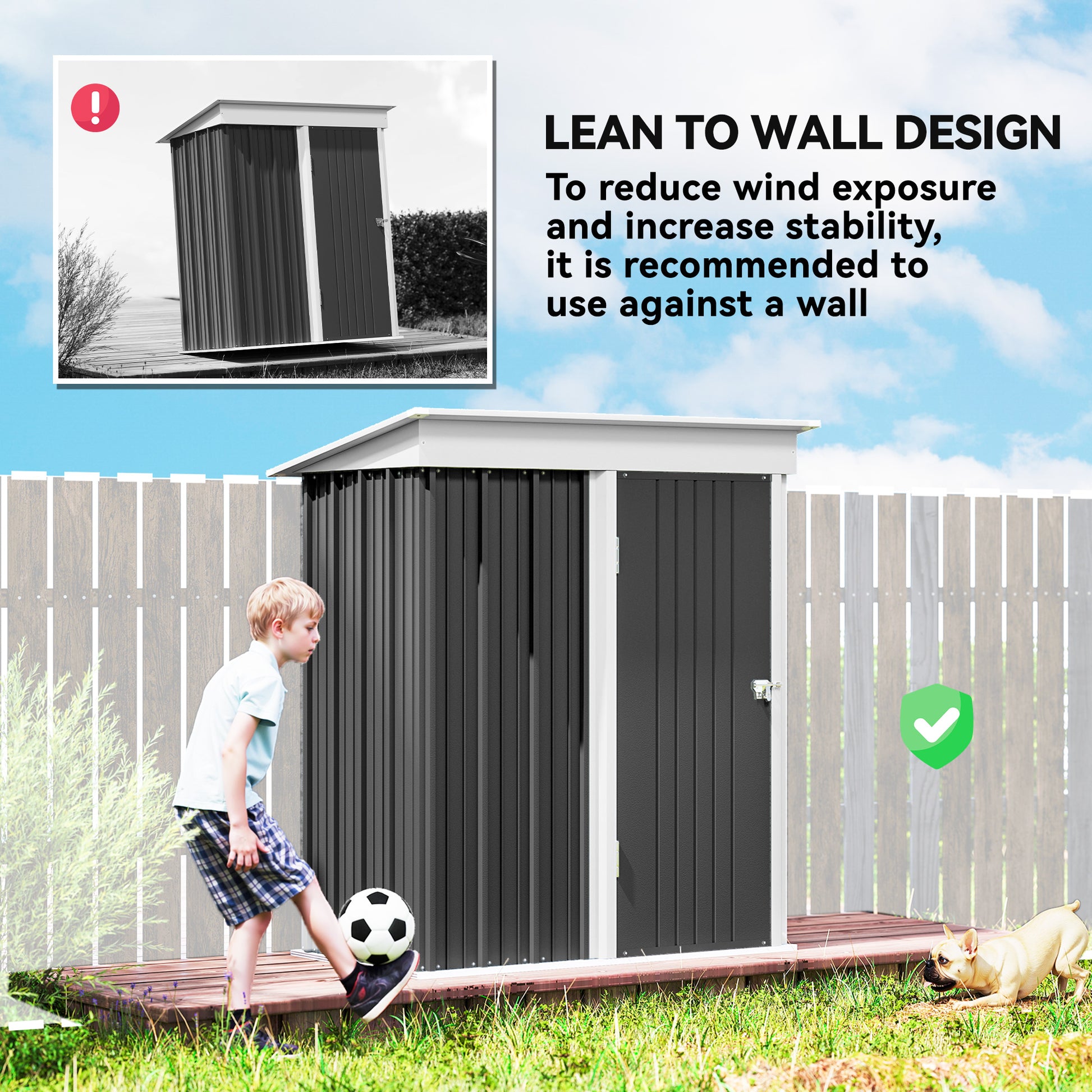 Outdoor Storage Shed, Steel Lean-to Shed with Adjustable Shelf, Lock, Gloves, 5'x3'x6', Dark Grey