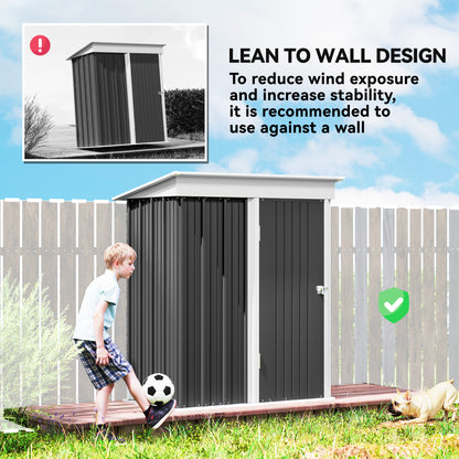 Outdoor Storage Shed, Steel Lean-to Shed with Adjustable Shelf, Lock, Gloves, 5'x3'x6', Dark Grey