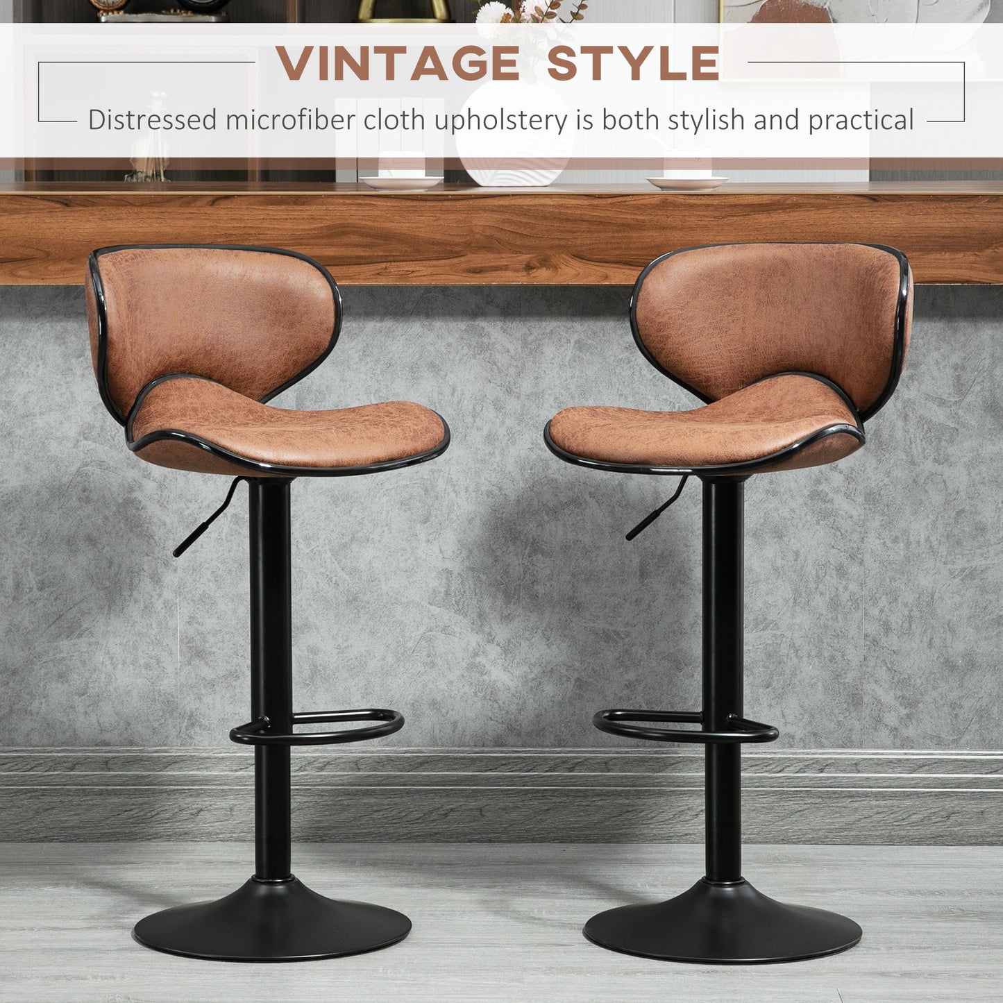 Vintage Set of 2 Microfiber Cloth Adjustable Bar Height Stools with Swivel Seat, Brown