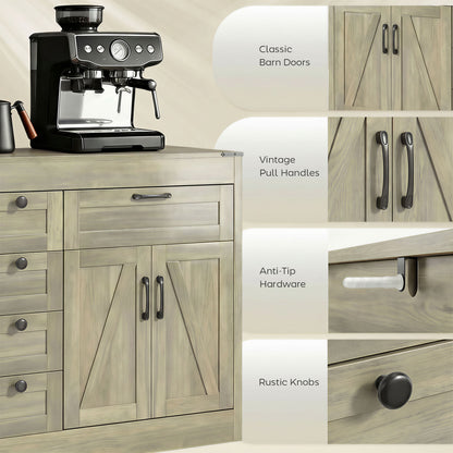 Sideboard Buffet Cabinet, 55" Farmhouse Kitchen Cabinet with 4 Barn Doors, 6 Drawers and 2 Adjustable Shelves, Grey