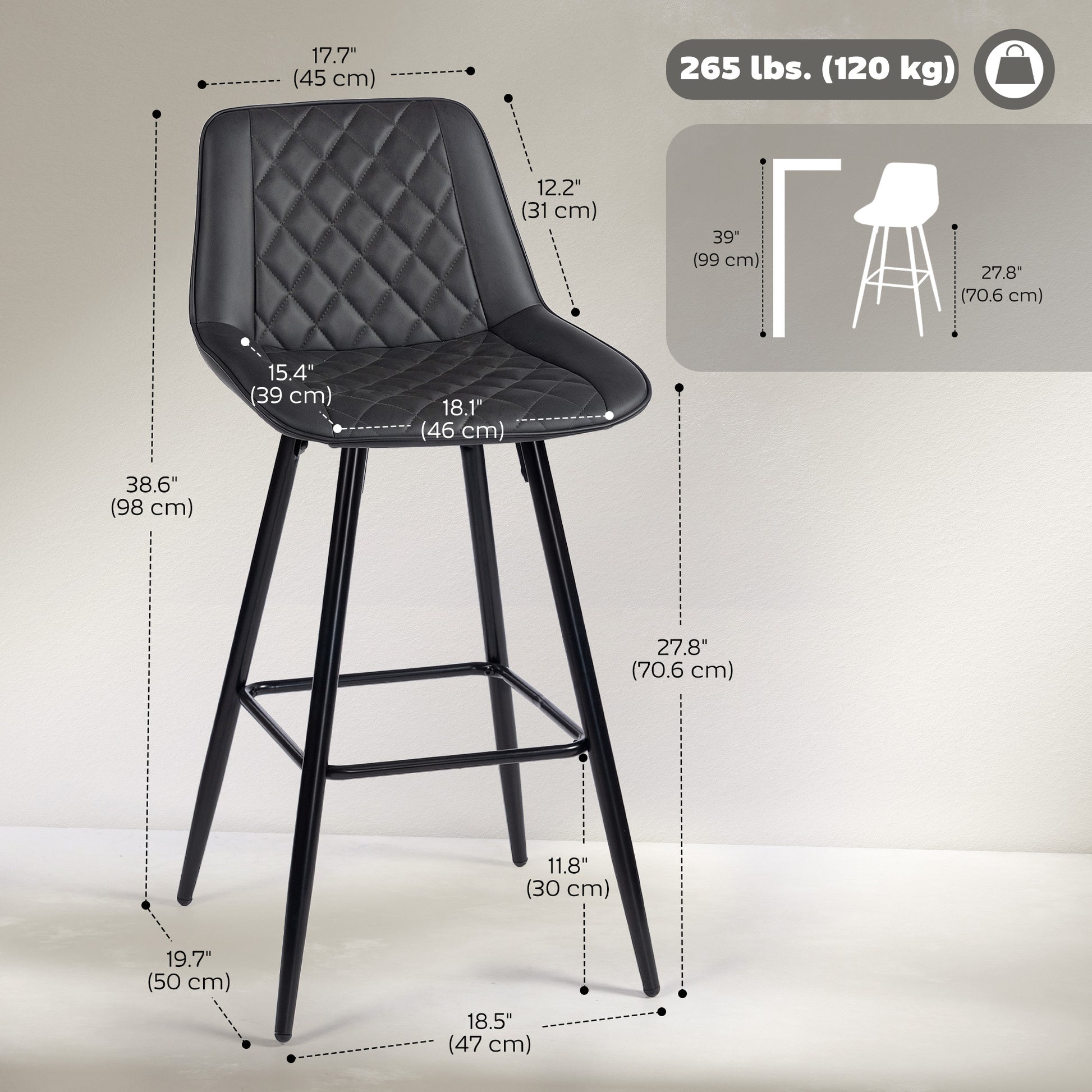 PU Leather Counter Height Bar Chairs Set of 2, 27.75" Bar Stools with Metal Legs for Dining Area, Kitchen Island, Black