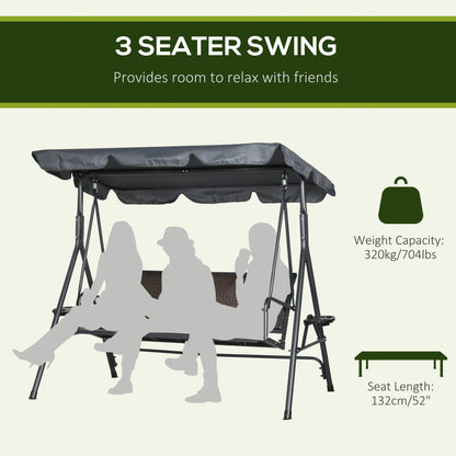 3-Seat Patio Swing Chair, Outdoor Canopy Swing Glider with Adjustable Shade, Rattan Seat and Steel Frame, for Porch, Garden, Poolside, Dark Grey