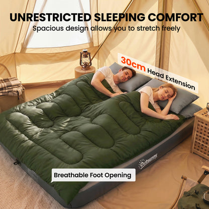 Double Sleeping Bag for Adults, Queen Size 2 Person Sleeping Bag with 2 Pillows, for Cold Weather & Warm, Green